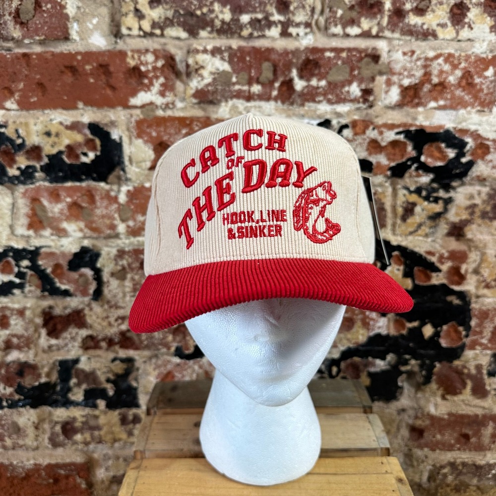 C.C Catch of the Day Corduroy Trucker Hat Red Cream Fishing Snapback Cap New